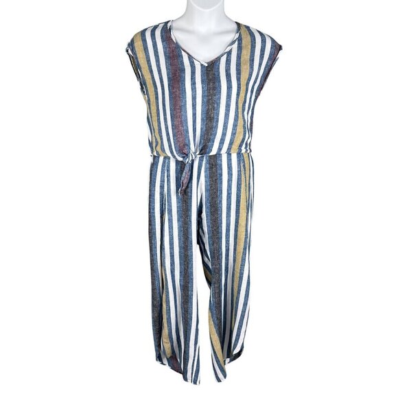 DREW Pants - Drew Womens S Striped Linen Blend 2 Piece Set Crop Top Faux Wrap Pants Lagenlook